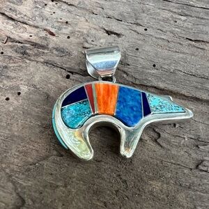 Navajo Wayne Muskett Sterling Silver Double-Sided Inlayed Stones Bear Pendant